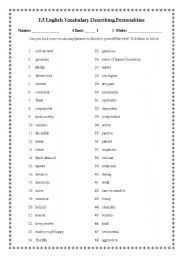 English worksheet: Vocabulary describing personalities