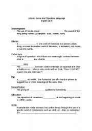 English worksheet: Literary Terms and Figurative Language Fill-In Notes