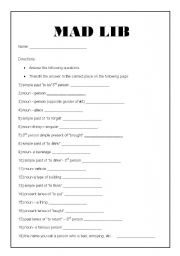 English worksheet: Simple Past Mad Lib