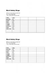 English Worksheet: Safety Tool Bingo