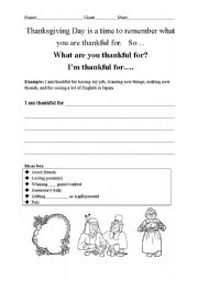 English Worksheet: Thanksgiving Day - What are you thankful for?