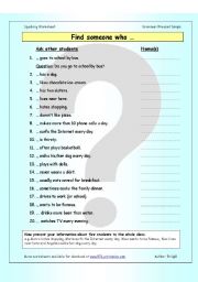 English Worksheet: Find Someone Who - Present Simple Questions (1)