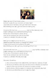 English Worksheet: Lily Allen 22 Lyrics and Discussion Questions
