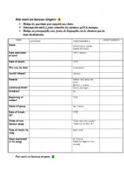 English Worksheet: pair work on famous singers 