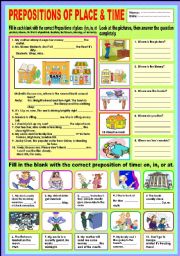 English Worksheet: Prepositions of place and time (Review)