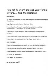 English Worksheet: How not to start and end your formal letters...find the mistake!