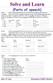 English Worksheet: Solve and Learn ( Parts of Speech )