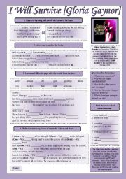 English Worksheet: SONG!!! I Will Survive [Gloria Gaynor] - Printer-friendly version included