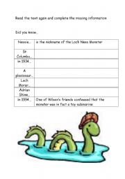 English worksheet: ACTIVITY FOR LOCH NESS MONSTER