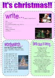 English Worksheet: christmas reading, writing and wordsearch