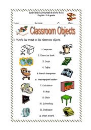 English Worksheet: classroom objects matching