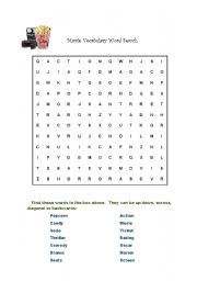 English worksheet: Movie Vocabulary Word Search