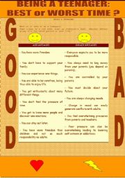 English Worksheet: Being a Teenager: Is it Good or Is it Bad?