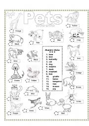 English Worksheet: Coloring & Matching Pets