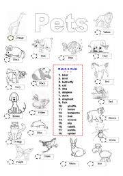 English Worksheet: Pets - match & color