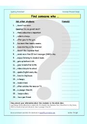 English Worksheet: Find Someone Who - Present Simple Questions (2)