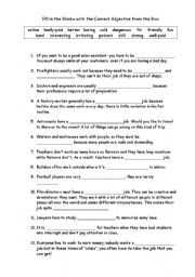 English Worksheet: Professions: Fill in the Blanks with the Correct Adjectives