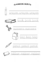 English Worksheet: Classroom objects tracing ws