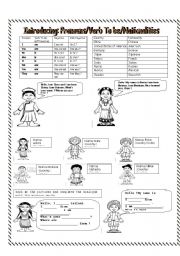 English Worksheet: Introducing  GREETINGS,PRONOUNS, VERB TO BE AND NATIONALITIES