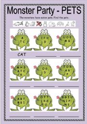 English Worksheet: Monster Party - PETS + B/W + key