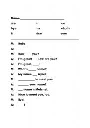 English Worksheet: Simple Cloze Greeting Dialogue