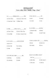 English Worksheet: Love / Like / Hate / Dislike / Ving + Noun