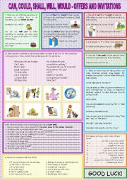 English Worksheet: CAN, COULD, SHALL, WILL, WOULD - OFFERS AND INVITATIONS.