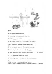 English worksheet: thanksgiving crossword