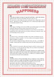 English Worksheet: READING COMPREHENSION HAPPINESS