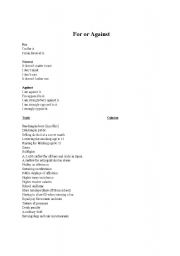 English Worksheet: For or Against Exercise