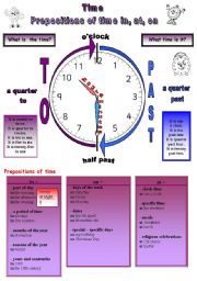 English Worksheet: Time + prepositions of time 3 pages