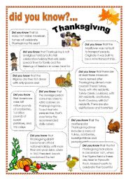 English Worksheet: thanksgiving facts