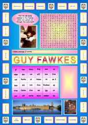 Guy Fawkes activities (Part 2/2):  Very original wordsearch containing a hidden message!!! (22 words spread out through the worksheet) + Vocabulary exercise (words are split up in two parts).