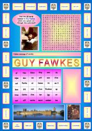 Guy Fawkes activities (Part 2/2):  Very original wordsearch containing a hidden message!!! (22 words spread out through the worksheet) + Vocabulary exercise (words are split up in two parts).