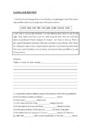 English worksheet: Grammar exercises : present continuous, to be supposed to, gerund.