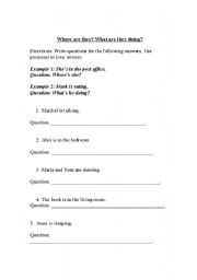 English worksheet: where are they? what are they doing?