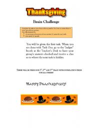 English Worksheet: Thanksgiving Game and Brain Challenge