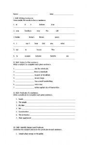 English worksheet: Subject and Predicate