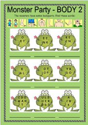 English Worksheet: Monster Party - Body 2/3 + B/W + key