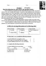 English Worksheet: Najeeb Mahfouz reading comprehension