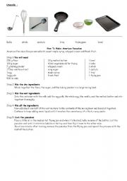 English Worksheet: American pancakes recipe and matching exercise on utensils