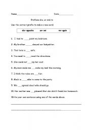 English Worksheet: Prefixes: dis, un, re