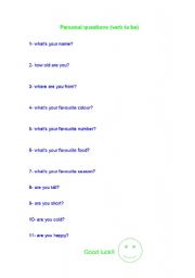 English Worksheet: personal questions with verb to be