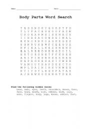 English worksheet: Body Parts Word Search