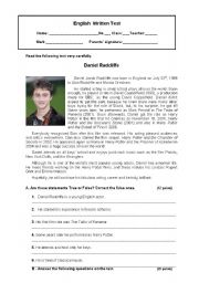 English Worksheet: Daniel Radcliffe - 7th Form Test