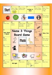 English Worksheet: Board Game - Name 3 things (Easy)