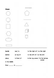 English worksheet: Shapes, propositions and following directions