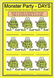 English Worksheet: Monster Party - DAYS OF THE WEEK + B/W + key