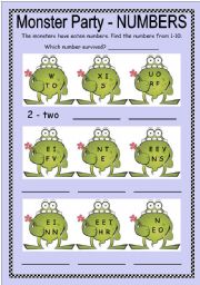 English Worksheet: Monster Party - NUMBERS 1-10 + B/W + key