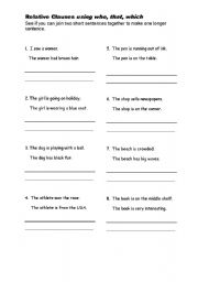 English worksheet: Defining Relative Clauses (using who, that, which, where)